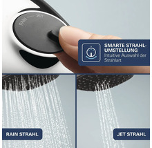 Handbrause mit manueller Strahlumstellung zwischen Rain und Jet Strahl durch Drehen des Einstellknopfes für ein individuelles Duscherlebnis.