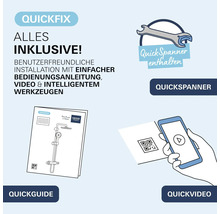 Grohe QuickFix Installationsset mit QuickSpanner Werkzeug QuickGuide Anleitung und QuickVideo zur einfachen Montage von Duschsystemen.