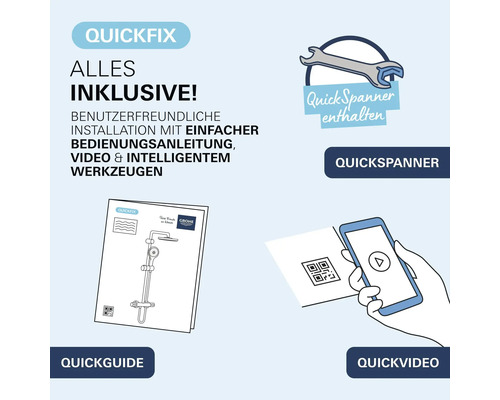 Grohe QuickFix Installationsset mit QuickSpanner Werkzeug QuickGuide Anleitung und QuickVideo zur einfachen Montage von Duschsystemen.