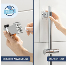 Support de barre de douche Grohe avec instruction de montage par collage incluant un tube de colle pour fixation murale sur carrelage.