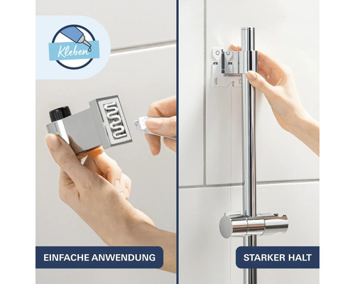 Support de barre de douche Grohe avec instruction de montage par collage incluant un tube de colle pour fixation murale sur carrelage.