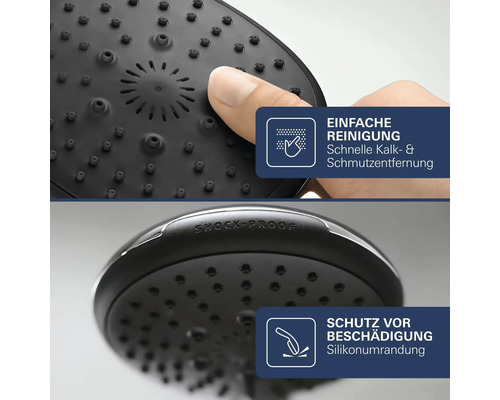Pommeau de douche avec picots en silicone pour un nettoyage facile et un contour en silicone résistant aux chocs pour éviter les dommages.