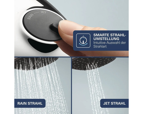 Douchette avec jet de douche réglable entre les modes Rain et Jet par bouton pour une sélection intuitive du type de jet.