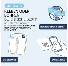 Aide à l'installation Grohe QuickFix avec choix entre coller ou percer, incluant un guide rapide et des instructions vidéo pour le montage.