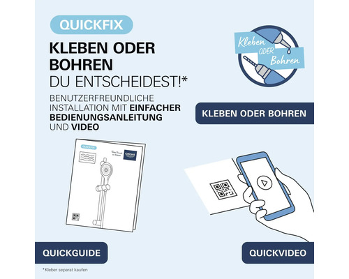 Aide à l'installation Grohe QuickFix avec choix entre coller ou percer, incluant un guide rapide et des instructions vidéo pour le montage.