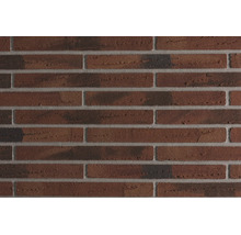 Mur en briques texturées avec plaquettes de parement irrégulières en appareil à joints croisés.
