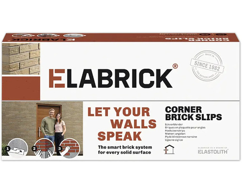 Elabrick Eckverblender Verpackung mit Anwendungsbeispielen und Logo