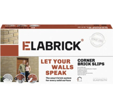 Elabrick Eckverblender in der Verkaufsverpackung mit Anwendungsbeispielen und Herstellerinformationen