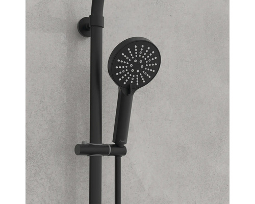 Ensemble de douche avec douchette et barre de douche au design moderne pour montage mural dans la salle de bain.