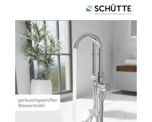 Freistehende Badewannenarmatur mit fließendem Wasser und Schütte Logo im Badezimmer