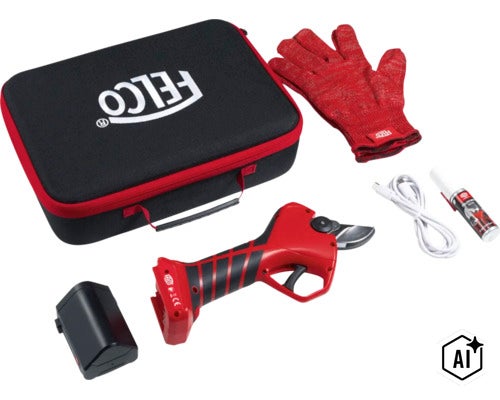 Kit sécateur électrique Felco avec mallette gant batterie câble de charge et spray d entretien (Image AI modified or generated)