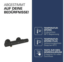 Grohe Thermostat Duscharmatur mit 38 Grad Celsius Kindersicherung, 43 Grad Celsius Verbrühschutz und Mengenregulierung.