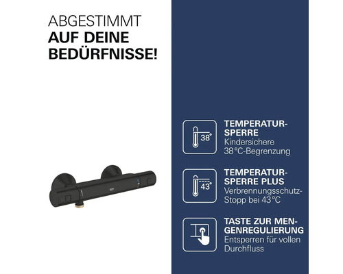 Grohe Thermostat Duscharmatur mit 38 Grad Celsius Kindersicherung, 43 Grad Celsius Verbrühschutz und Mengenregulierung.