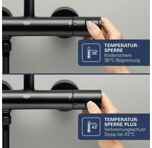 Grohe Thermostatbatterie mit einstellbarer Temperatursperre bei 38 Grad und einstellbarem Verbrennungsschutzstopp bei 43 Grad.