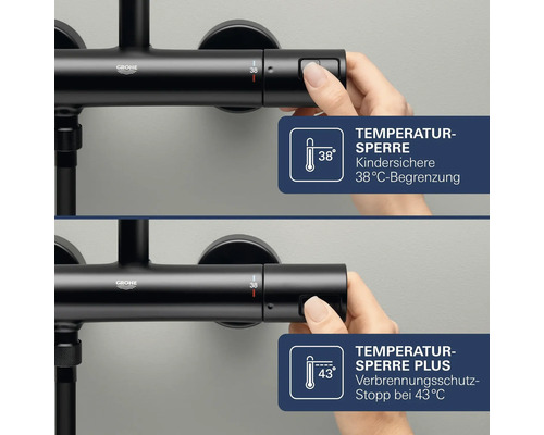 Grohe Thermostatbatterie mit einstellbarer Temperatursperre bei 38 Grad und einstellbarem Verbrennungsschutzstopp bei 43 Grad.