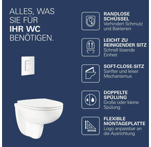 Infografik zu WC Ausstattung mit randloser Schüssel, abnehmbarem Sitz mit Absenkautomatik, Zweimengenspülung und flexibler Betätigungsplatte.
