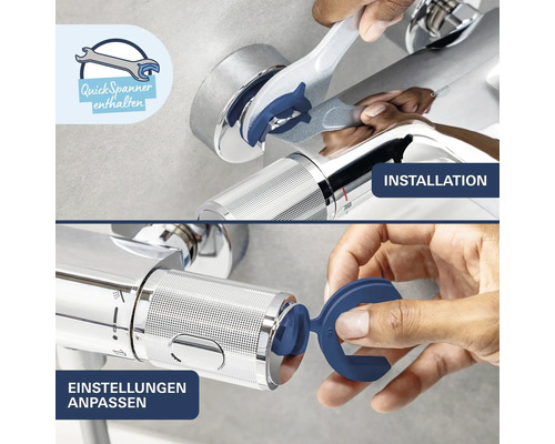 Montage und Einstellung einer Grohe Thermostatarmatur unter Verwendung des mitgelieferten QuickSpanner Werkzeugs.