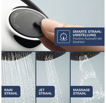 Handbrause mit einstellbaren Strahlarten Rain Jet und Massage sowie intuitiver Umstellung am Brausekopf