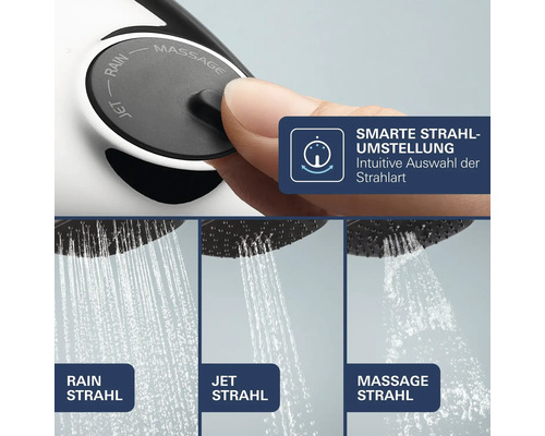 Handbrause mit einstellbaren Strahlarten Rain Jet und Massage sowie intuitiver Umstellung am Brausekopf