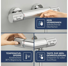Grohe Thermostat Duscharmatur mit Verbrühschutz, 38 Grad Celsius Sicherheitssperre und Mengengriff zur Regulierung des Wasserdurchflusses.
