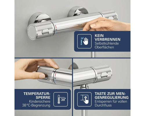 Grohe Thermostat Duscharmatur mit Verbrühschutz, 38 Grad Celsius Sicherheitssperre und Mengengriff zur Regulierung des Wasserdurchflusses.