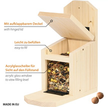 Mangeoire pour oiseaux en bois avec couvercle rabattable, remplissage facile et fenêtre en verre acrylique pour voir le niveau de remplissage.