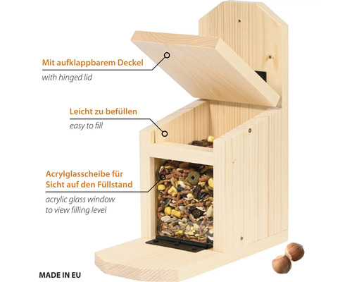 Mangeoire pour oiseaux en bois avec couvercle rabattable, remplissage facile et fenêtre en verre acrylique pour voir le niveau de remplissage.