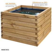 Bassin carré en bois avec bâche de bassin et une capacité d'environ 250 litres pour l'aménagement du jardin.