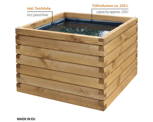 Bassin carré en bois avec bâche de bassin et une capacité d'environ 250 litres pour l'aménagement du jardin.