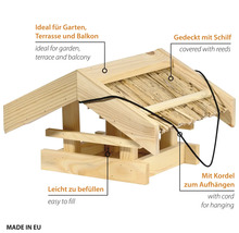 Vogelhaus aus Holz mit Schilfdach und Kordel zum Aufhängen für den Garten, die Terrasse oder den Balkon