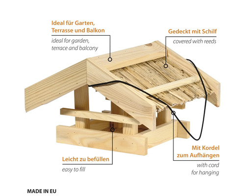 Vogelhaus aus Holz mit Schilfdach und Kordel zum Aufhängen für den Garten, die Terrasse oder den Balkon