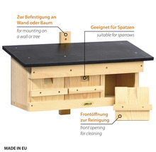 Nistkasten aus Holz für Spatzen mit aufklappbarer Front zur Reinigung und Vorrichtung zur Befestigung an Wand oder Baum.
