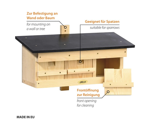 Nistkasten aus Holz für Spatzen mit aufklappbarer Front zur Reinigung und Vorrichtung zur Befestigung an Wand oder Baum.