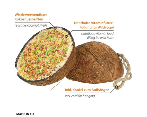 Demi-noix de coco réutilisable remplie de nourriture vitaminée nutritive pour oiseaux sauvages, avec cordelette pour la suspension.