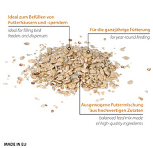Ausgewogene Mischung aus hochwertigem Vogelfutter für die ganzjährige Fütterung in Vogelhäusern und Futterspendern, hergestellt in Europa.