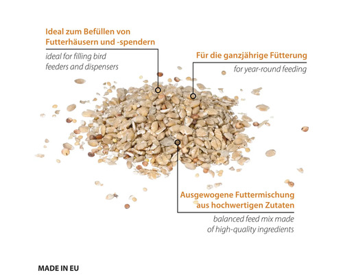 Ausgewogene Mischung aus hochwertigem Vogelfutter für die ganzjährige Fütterung in Vogelhäusern und Futterspendern, hergestellt in Europa.