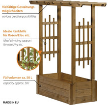 Jardinière en bois avec treillis intégré pour plantes grimpantes, avec un volume de remplissage d environ 50 litres.