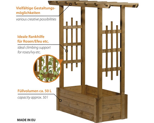 Jardinière en bois avec treillis intégré pour plantes grimpantes, avec un volume de remplissage d environ 50 litres.