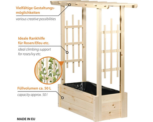 Bac à plantes en bois avec treillis comme support pour plantes grimpantes avec une capacité d environ 50 litres fabriqué dans l Union européenne