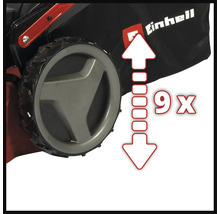 Logo Einhell et roue de tondeuse à gazon avec symbole pour réglage central de la hauteur de coupe neuf positions