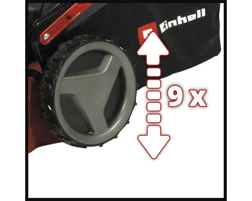 Logo Einhell et roue de tondeuse à gazon avec symbole pour réglage central de la hauteur de coupe neuf positions