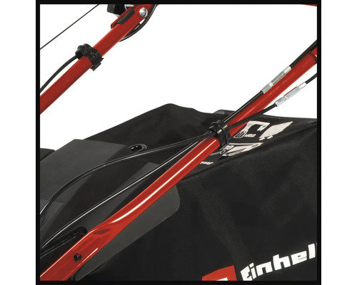 Vue détaillée du guidon avec fixation de câble et bac de ramassage d un Einhell tondeuse à gazon