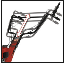 Guidon réglable en hauteur d une tondeuse à gazon avec une flèche indiquant les possibilités de réglage.