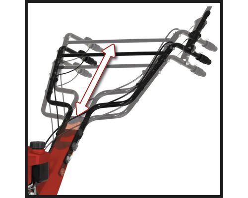 Guidon réglable en hauteur d une tondeuse à gazon avec une flèche indiquant les possibilités de réglage.