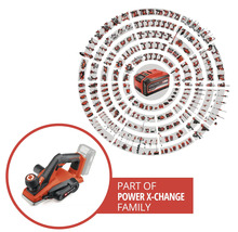 Rabot sans fil Einhell faisant partie de la famille Power X-Change avec un aperçu d autres outils sans fil compatibles.