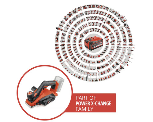 Rabot sans fil Einhell faisant partie de la famille Power X-Change avec un aperçu d autres outils sans fil compatibles.