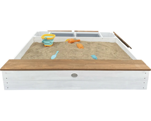 Sandkasten aus Holz mit integrierten Aufbewahrungsfächern und Spielzeug für Kinder