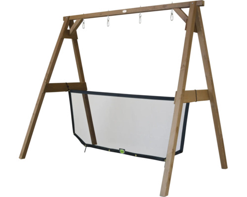 Portique en bois avec hamac intégré pour enfants pour une utilisation dans le jardin.