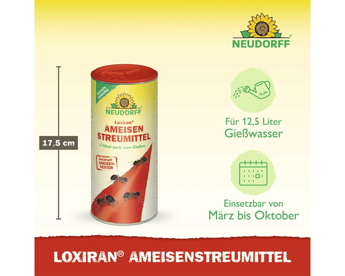 Neudorff Loxiran Ameisen Streumittel zur Bekämpfung von Ameisennestern mit einer Höhe von 17,5 Zentimetern, ergiebig für 12,5 Liter Gießwasser.