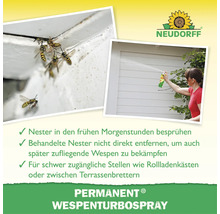 Neudorff Permanent Wespenturbospray Anwendungshinweise mit Bildern von Wespen am Nest und Person beim Sprühen auf einen Rollladenkasten